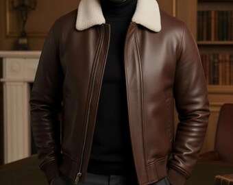Men's Brown Leather Bomber Jacket with White Faux Fur Collar, Aviator Style Coat