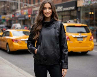 Oversized Cowhide Leather Jacket: Casual High Collar Moto Outerwear