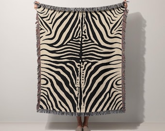 Bold Zebra Print Woven Throw Blanket, Modern Black and Cream Cotton Sofa Blanket, Eclectic Safari Home Decor Housewarming Gift