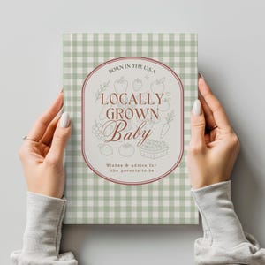 Locally Grown Baby Shower Guest Book Journal | Gender Neutral Advice Book for Parents-to-Be, Gingham Baby Keepsake Notebook