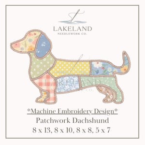 Może przedstawiać: Patchworkowy wzór jamnika z różnymi wzorami tkanin, w tym kwiatowymi i w kropki. Projekt oznaczony jest jako "*Machine Embroidery Design* Patchwork Dachshund" i zawiera wymiary w centymetrach.