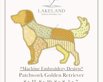 Patchwork Golden Retriever Faux Quilted Dog Zig Zag Applique Machine Embroidery Design