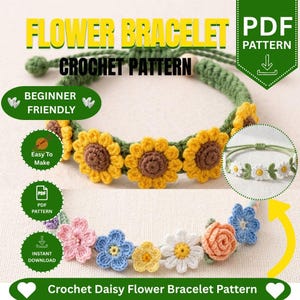 Mönster för virkat armband med blommor för nybörjare | Daisymotiv PDF-nedladdning