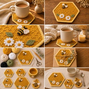 May include: A hexagonal crochet coaster featuring a textured mustard yellow honeycomb pattern, a small black and yellow bee, and two white daisy flowers with green leaves. The coaster is crafted with a yellow border and measures approximately 13 cm.