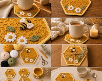Honeycomb Bee Tea Set Crochet Pattern PDF | Bee Mug Rug & Coaster Pattern | Crochet Bee Kitchen Decor | Digital Download