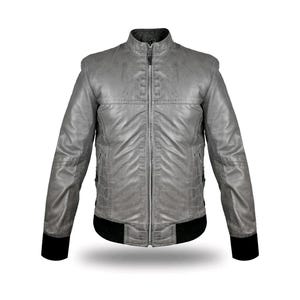 May include: A gray leather jacket with a stand-up collar and a full-length zipper. The jacket has black ribbed cuffs and a black ribbed hem. The jacket has a quilted design on the shoulders and sleeves.