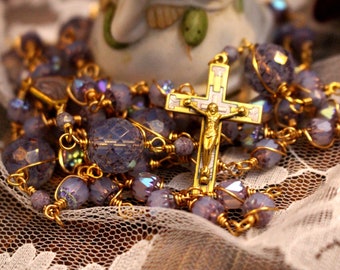 Vintage French Rosary with Violet and Gold Czech Glass - Repurposed vintage Yellow Brass Wire Wrapped Unbreakable Rosary