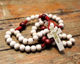 Small Red and White Wooden Rosary with Crucifix - Pocket Rosary (not wearable)