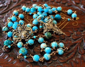 Joan of Arc Blue Vintage Bronze Wire Wrapped/ Unbreakable Rosary