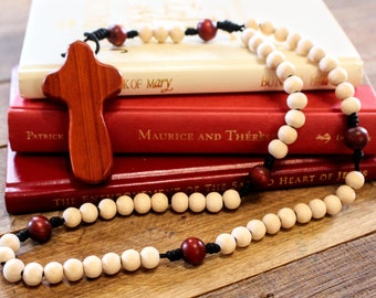 Red and White Padauk Wood Rosary - Rugged Durable Wooden Paracord Rosary