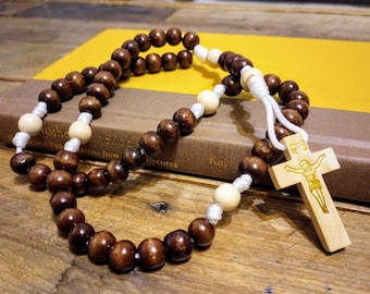 Small Brown and Natural Wooden Rosary with Crucifix - Pocket Rosary (not wearable)