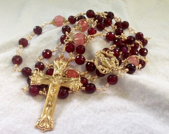 Rose Red Ornate Vintage Style - Yellow Brass Wire Wrapped Unbreakable Rosary