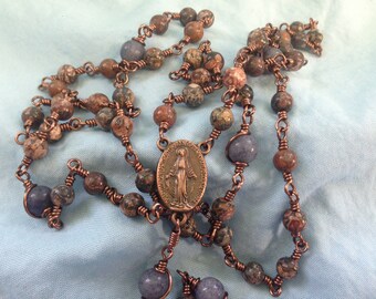 Natural Stone and Copper Rosary - Wire Wrapped Unbreakable Rosary