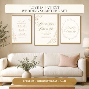 1 Corinthians 13 Wedding Scripture Print Set of 3, Love Is Patient Love Is Kind Wall Art, Elegant Gold Bible Verse Printable Download