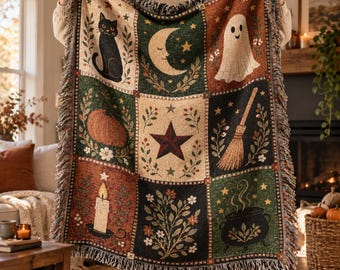 Primitive Folk Art Halloween Blanket, Patchwork Woven Throw Black Cat Moon Ghost, Cozy Country Fall Decor Gift