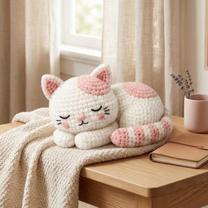 眠っている猫の編み図、ぬいぐるみ猫のあみぐるみPDF