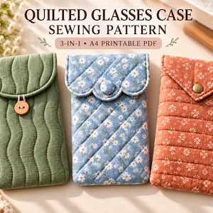 May include: Three quilted glasses cases with flap closures. One is solid sage green with wavy stitching and a wooden button. One is blue with a white daisy print, diamond stitching, and a fabric button. One is rust orange with white floral print and horizontal stitching.