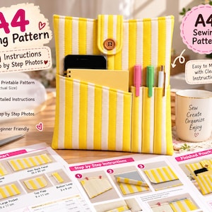 May include: A yellow and white striped fabric pouch with a button closure, featuring multiple front pockets holding a notebook, a smartphone, and pens. The image includes A4 sewing pattern instructions with diagrams, text, and step-by-step photos.