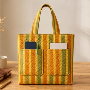 Puede incluir: Un bolso tote acolchado con rayas verticales en tonos amarillo mostaza, verde oliva y naranja. El bolso tiene dos asas superiores y dos bolsillos exteriores, uno con un cuaderno azul oscuro y un bolígrafo verde, y el otro con un cuaderno blanco.