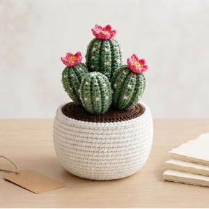 May include: A crocheted cactus plant with four green, ribbed segments featuring white stitched details and three bright pink flowers with yellow centers. The cactus is potted in a round, white crocheted base with dark brown soil texture.