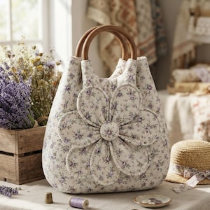 Puede incluir: Un bolso de tela acolchada con un pequeño estampado floral morado sobre fondo blanco. El bolso tiene dos asas redondeadas de madera y una gran aplicación de flor de tela tridimensional centrada en la parte delantera. La flor tiene seis pétalos.