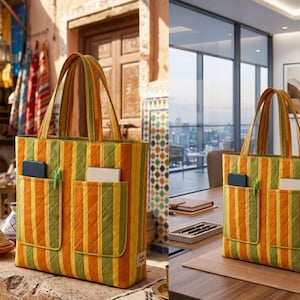May include: A quilted tote bag featuring vertical stripes in shades of orange, yellow, and green. The bag has two exterior pockets, each containing a small rectangular object, and two top handles. A small white label is attached to the bottom corner.