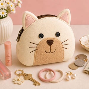May include: A cream and tan felt coin purse shaped like a cat face with two pointed ears, black button eyes, a brown embroidered nose, and whiskers. The zipper closure is located at the top of the pouch, which features a soft, textured fabric finish.