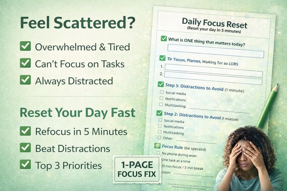 Daily Focus Reset Printable – 1 Page Productivity Sheet to Beat Distractions & Start Your Day Clear