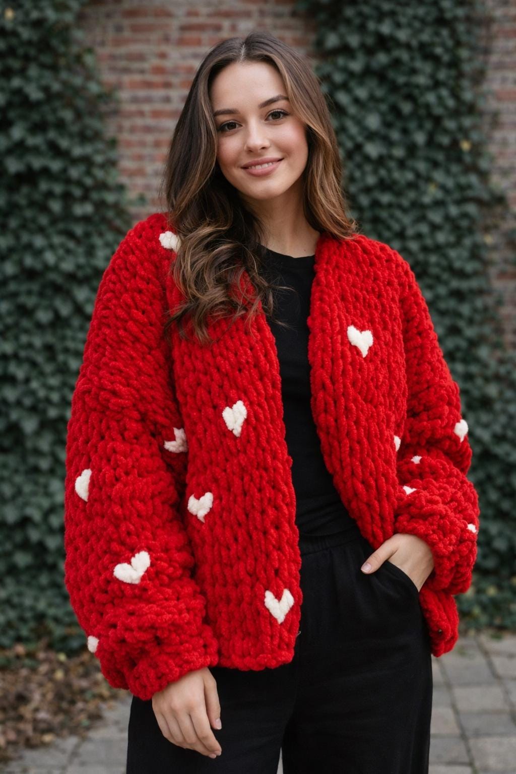 Handmade Red Heart Chunky Knit Cardigan – Oversized Crochet
