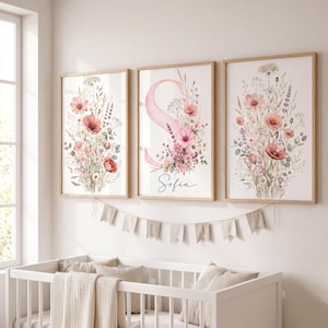 Personalized Nursery Wall Art Set of 3, Custom Initial Name Print, Floral Nursery Decor, Baby Girl Printable Wildflower Wall Art