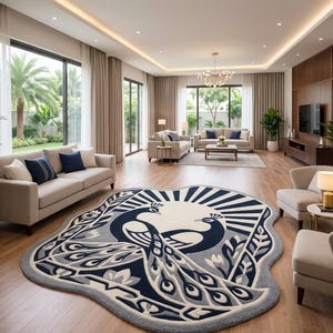 Könnte beinhalten: Ein unregelmäßig geformter Teppich mit einem großen, stilisierten Pfauendesign in Marineblau, Hellgrau und Creme. Der Teppich zeigt zwei einander zugewandte Pfaue mit aufwendig gefächerten Schwanzfedern und Sonnenstrahlenmustern auf hellem Grund.