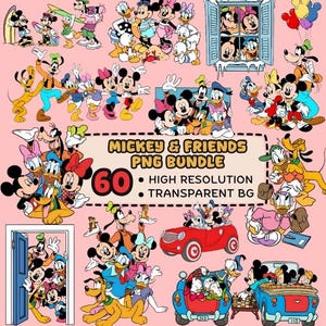 May include: A collection of cartoon images featuring Mickey Mouse, Minnie Mouse, Donald Duck, Goofy, and other Disney characters. The images are in various poses and settings, with a pink background. Text on the image reads "Mickey & Friends PNG Bundle" and "60".