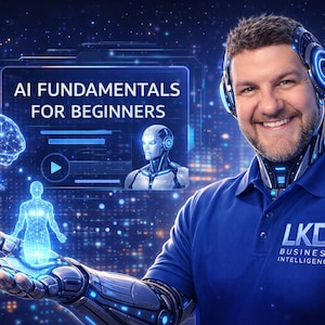 Può includere: Un uomo con una polo blu con la scritta "LKD BUSINESS INTELLIGENCE" ed elementi tecnologici futuristici. L'immagine include il testo "AI FUNDAMENTALS FOR BEGINNERS" e rappresentazioni luminose di un cervello, una figura umana e un robot.