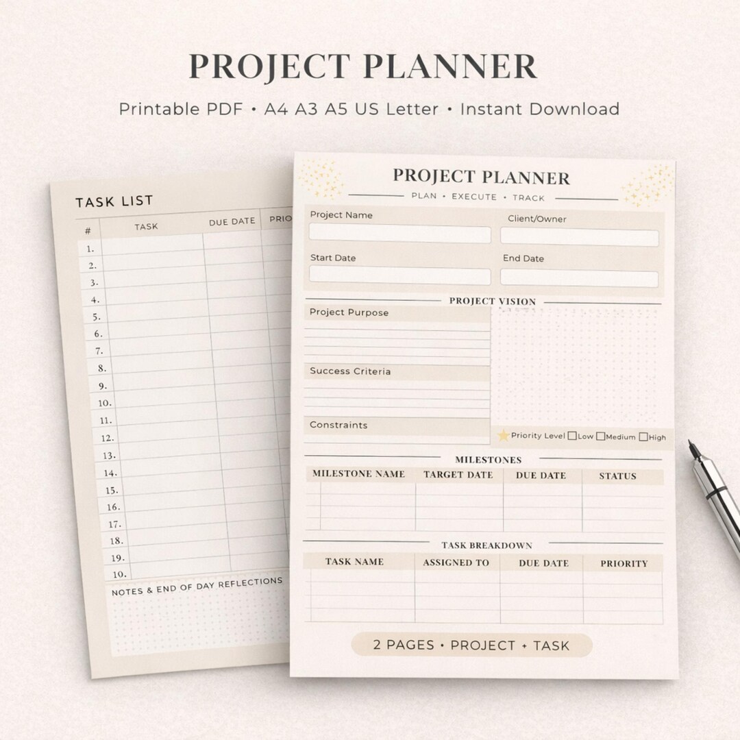 Project Planner Printable, Task List, A4 A5 US Letter (PDF Download ...
