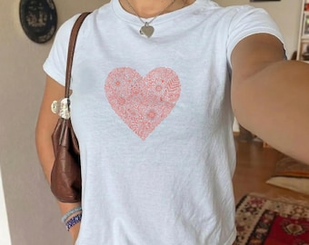 Floral Mandala Heart Graphic T-Shirt, Boho Aesthetic Valentine's Day Gift, Delicate Line Art Heart Tee, Trendy Minimalist White Shirt