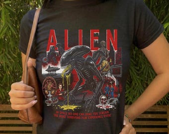 Alien Xenomorph Vintage Movie T-Shirt, Sci-Fi Horror Fan Gift, Retro 70s Cinema Graphic Tee, In Space No One Can Hear You Scream