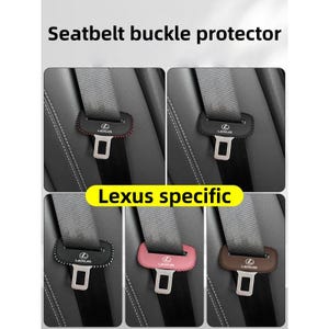 May include: Seatbelt buckle protectors in various colors, designed for Lexus vehicles. The image shows several protectors in black, brown, pink, and other colors, each with the Lexus logo. The text "Seatbelt buckle protector" and "Lexus specific" are also visible.