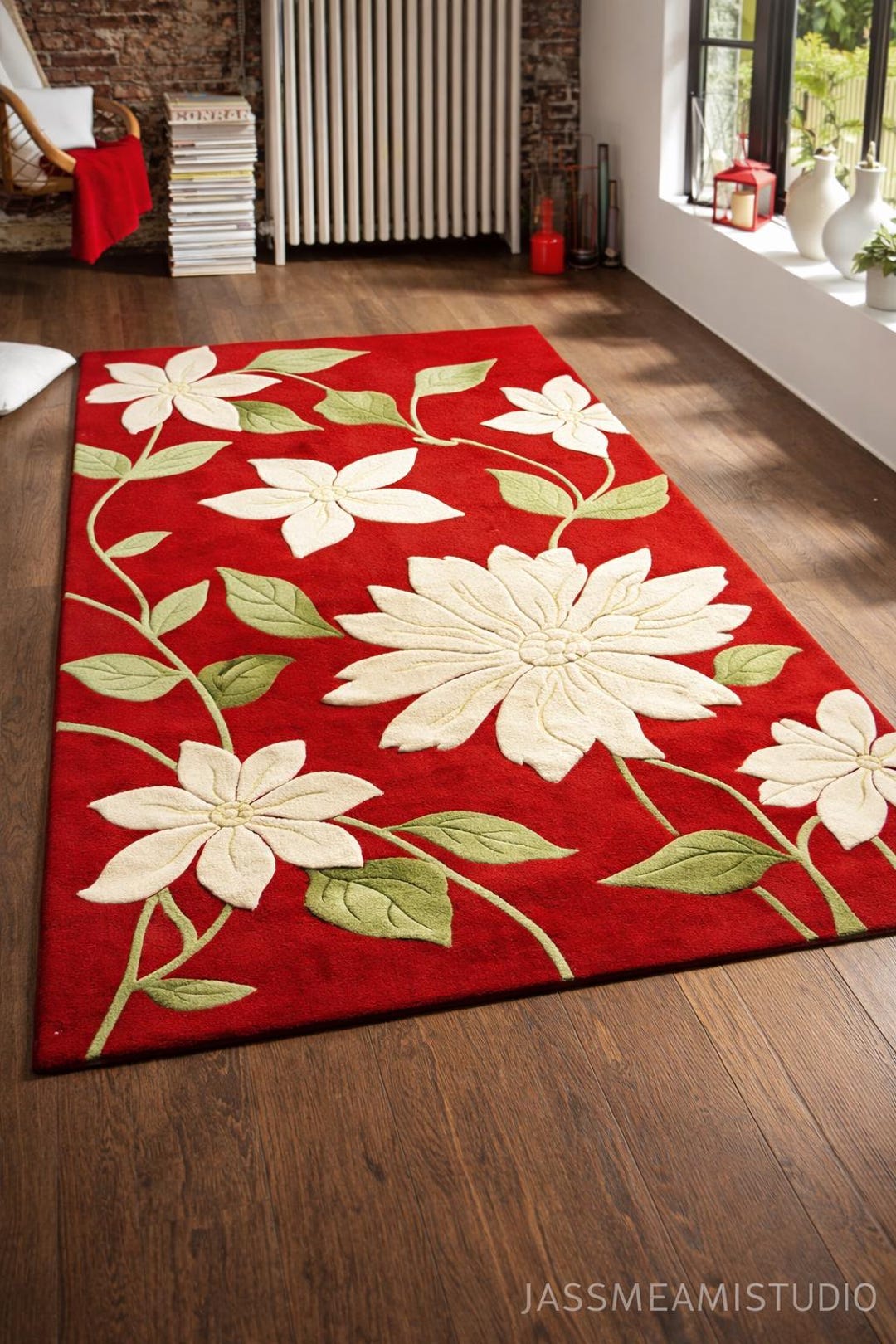 Red Cream Floral Oriental Area Rug, Hand Tufted Wool Daisy Carpet ...