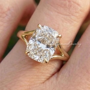 3 CT Elongated Cushion Cut Moissanite Engagement Ring, 14K/18K Solid Gold, Cushion Solitaire Split Shank Ring, Anniversary Wedding Gift