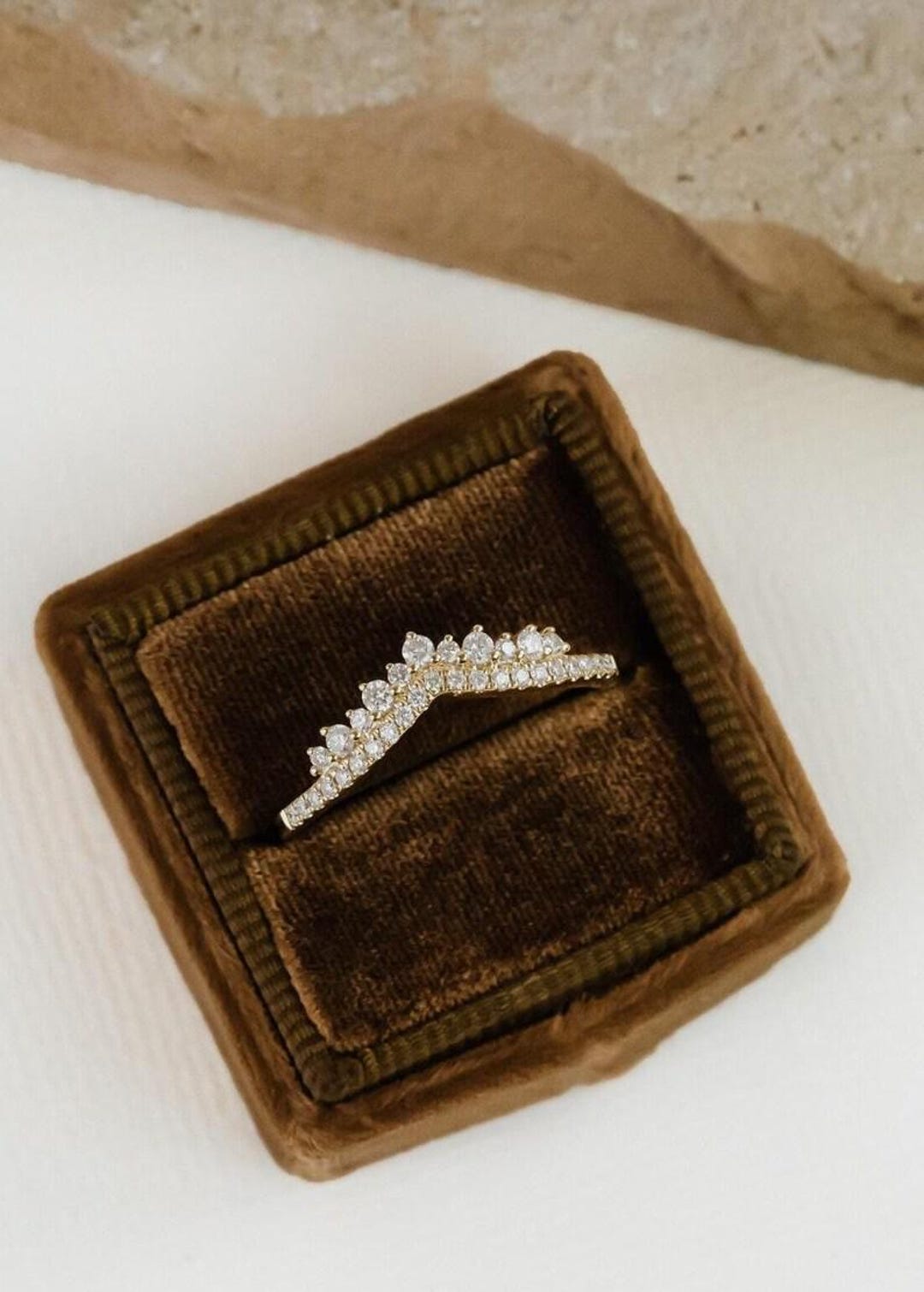 Round Cut Colorless Moissanite Crown Tracer Band, Pave Diamond V Shape ...