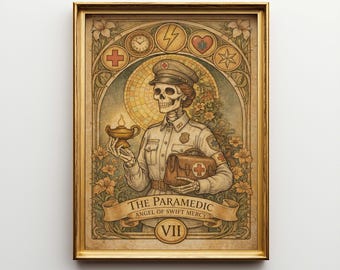 Póster de paramédico en lienzo de tarot, ilustración de esqueleto de EMT estilo Art Nouveau de Alphonse Mucha