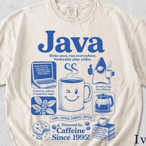 Könnte beinhalten: Elfenbeinfarbenes T-Shirt mit blauem Grafikdesign. Das Design zeigt das Wort "Java", einen Laptop, eine lächelnde Kaffeetasse und den Text "Write once, run everywhere. Preferably after coffee."