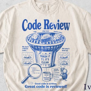 Könnte beinhalten: Elfenbeinfarbenes T-Shirt mit einem blauen Aufdruck mit der Aufschrift "Code Review". Das Design umfasst einen Mülleimer mit Käfern, eine Lupe, eine Kaffeetasse und eine Checkliste. Der Text "Good code is written. Great code is reviewed!" ist ebenfalls enthalten.