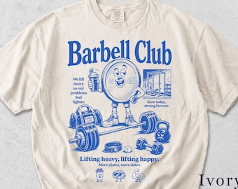 Camiseta Barbell Club | Divertida camiseta retro para levantar pesas | Regalo para entrenar en el gimnasio | Camiseta unisex con estampado gráfico R2E4YM