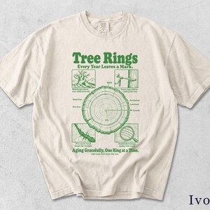 Könnte beinhalten: Ein elfenbeinfarbenes Kurzarm-T-Shirt mit einem grünen Grafikdruck eines Baumquerschnitts. Das Design enthält den Text Tree Rings, Every Year Leaves a Mark und Aging Gracefully, One Ring at a Time, zusammen mit Diagrammen zum Baumwachstum.