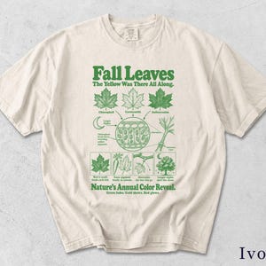 Könnte beinhalten: Ein elfenbeinfarbenes Kurzarm-T-Shirt mit einem grünen Grafikdruck mit dem Titel Fall Leaves. Das Design enthält botanische Illustrationen, ein Zelldiagramm und Text, der die Farbveränderungen der Blätter erklärt.