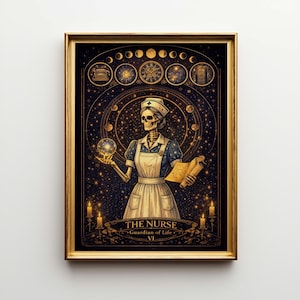 Könnte beinhalten: Ein gerahmter Druck mit einer skelettartigen Krankenschwester in Vintage-Uniform, die eine leuchtende Kugel und eine Schriftrolle hält. Das Kunstwerk hat ein himmlisches Thema mit Sternen, Monden und dem Text "THE NURSE Guardian of Life VI". Der Rahmen ist goldfarben.