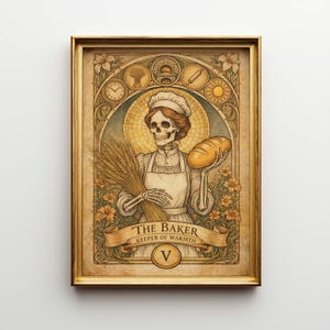 Könnte beinhalten: Gerahmter Kunstdruck mit einem skelettartigen Bäcker, der Brot und Weizen hält. Das Kunstwerk ist im Vintage-Stil mit einem goldenen Rahmen und dem Text "THE BAKER, KEEPER OF WARMTH" auf einem Banner gehalten. Das Bild hat eine warme Farbpalette.