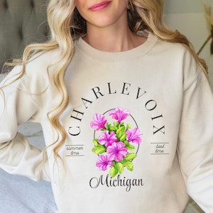 Charlevoix Michigan Crewneck Petunia Charlevoix Sweatshirt Up North Sweatshirts Crew Neck Summer Style Vacation Shirt Trip Womensclothing