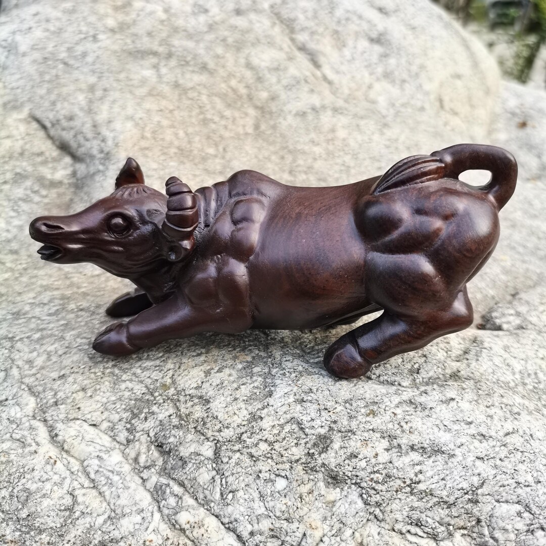 Oxgift Hand Carved Wooden Ox Statue Natural Wood Bull Figurine Feng Shui Lucky ...